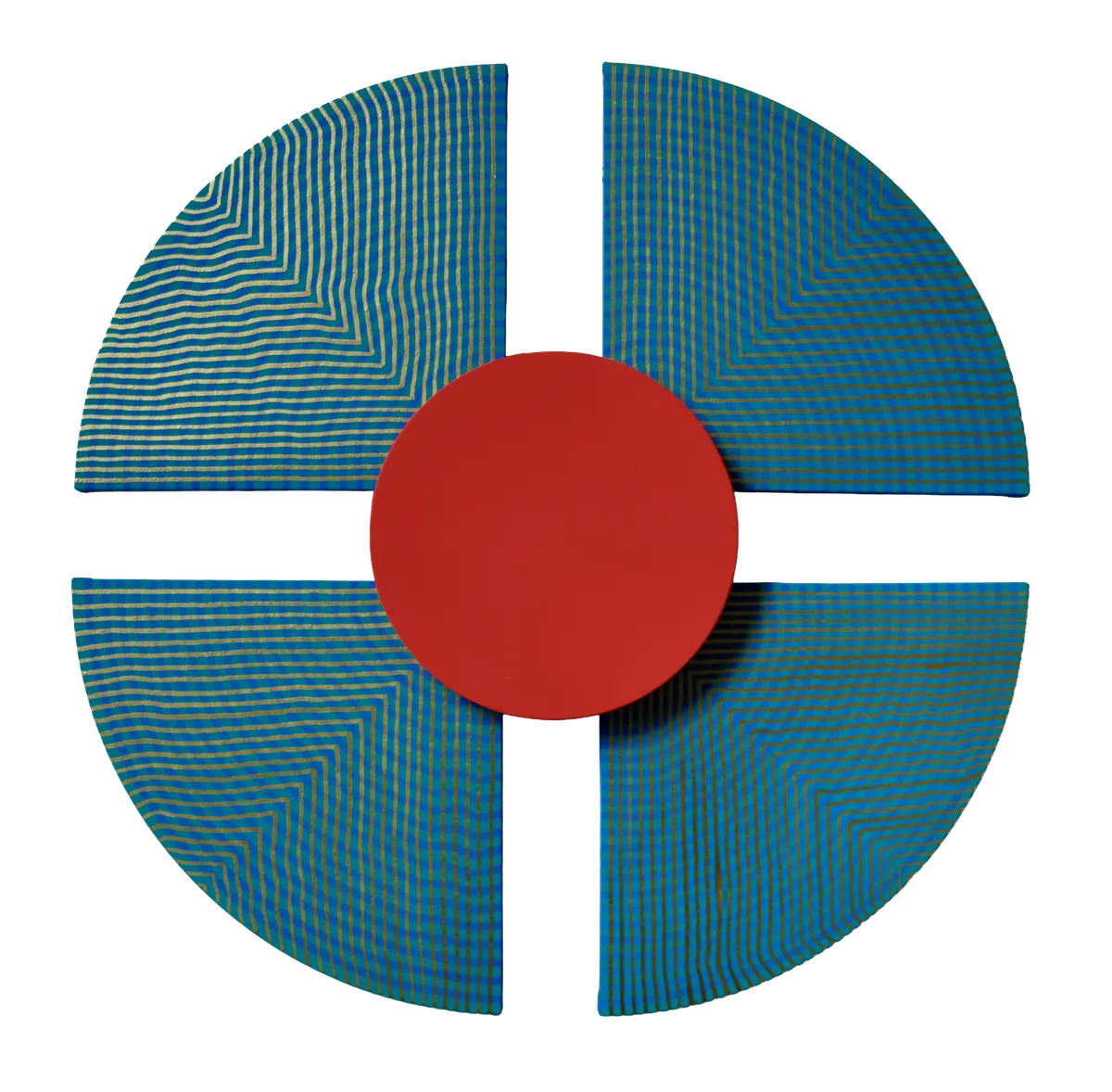Hypersolar, 2025. Mixed media, 68 × 68 cm — a circle divided into four teal quadrants around a red center, cast softly against the wall